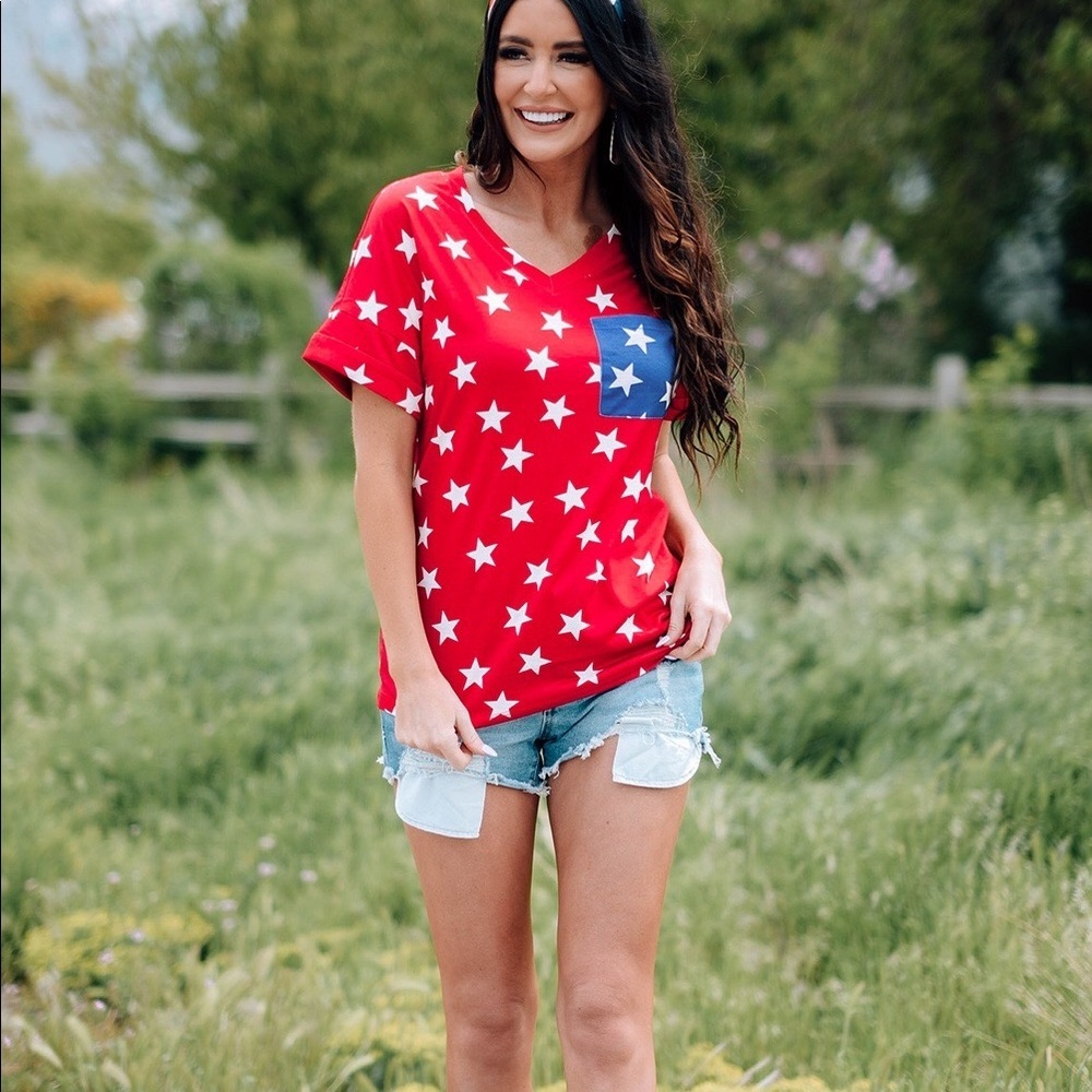 USA Star Print Patch Pocket Red T-shirt